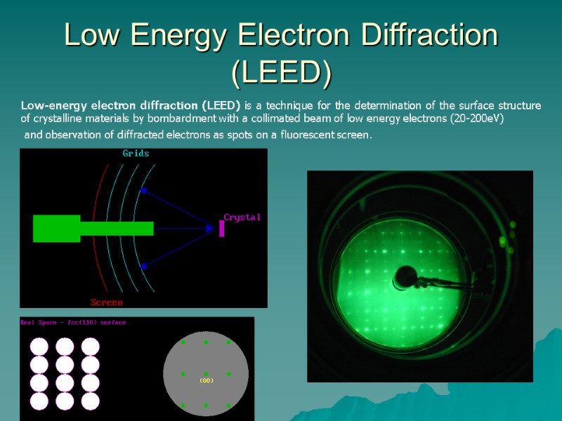 Low Energy Electron Diffraction (LEED) Low-energy electron diffraction (LEED) is a technique for the